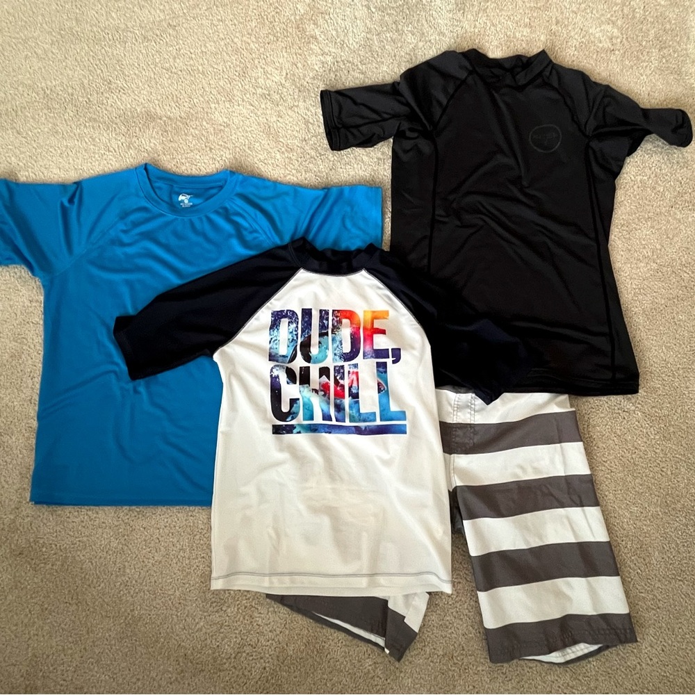 Boys XL swim shirts (3) and swim trunk bundle